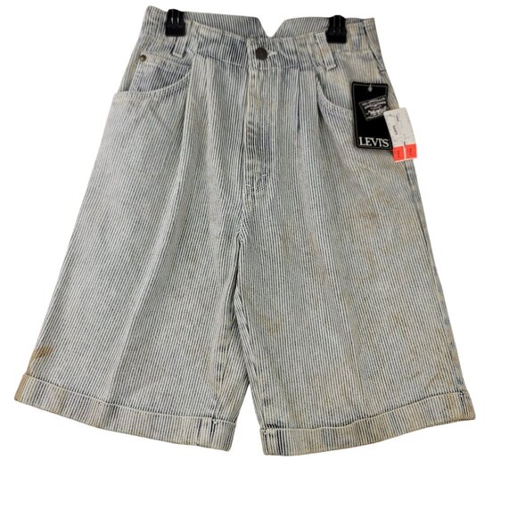 Vintage Levis 900 Series Size L Railroad Stripe Denim Shorts Deadstock New - Picture 1 of 15